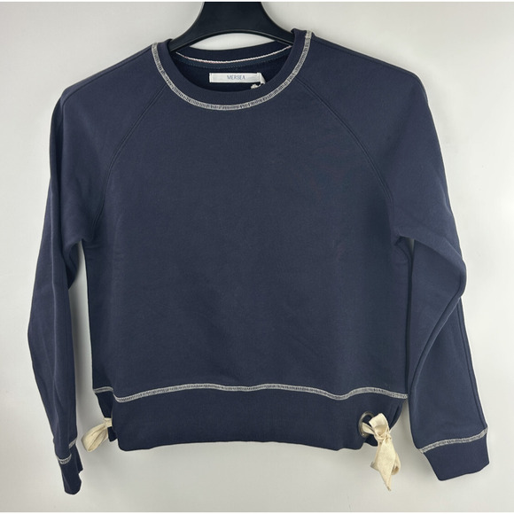 NWT Mersea Frenchie Tie Side Sweatshirt Crewneck Navy Blue Mer Sea Top Size XS - Picture 2 of 13